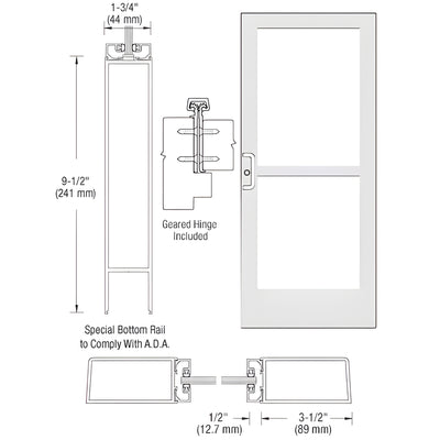 CRL-U.S. Aluminum White KYNAR® Paint Custom Single Series 400 Medium Stile Geared Hinge Entrance Door With Rim Device for Surface Mount Door Closer