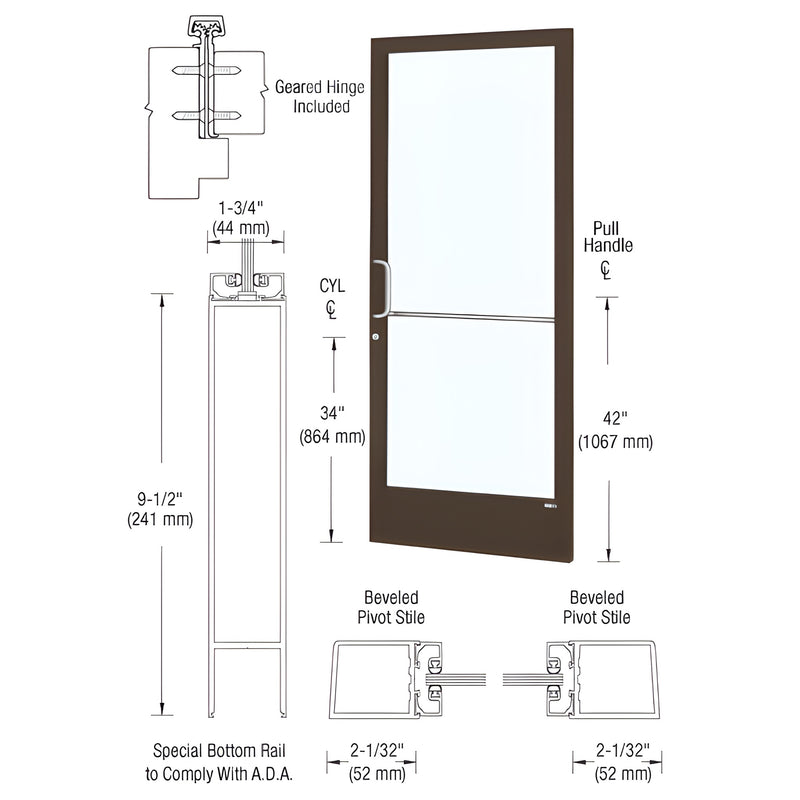 Technical diagram showing the dimensions and profile of a black bronze anodized narrow stile entrance door with a geared hinge.