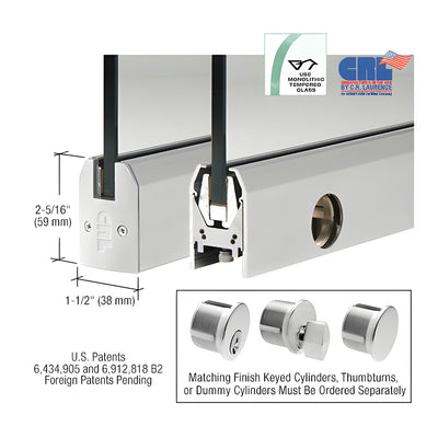 CRL Satin Anodized 1/2" Glass Low Profile Tapered Door Rail With Lock - Custom Length