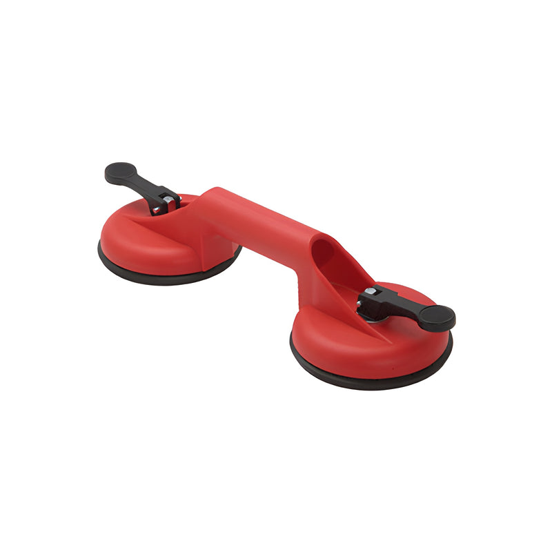 A red plastic double pad vacuum lifter with two 4-1/2 inch suction cups and black release levers.