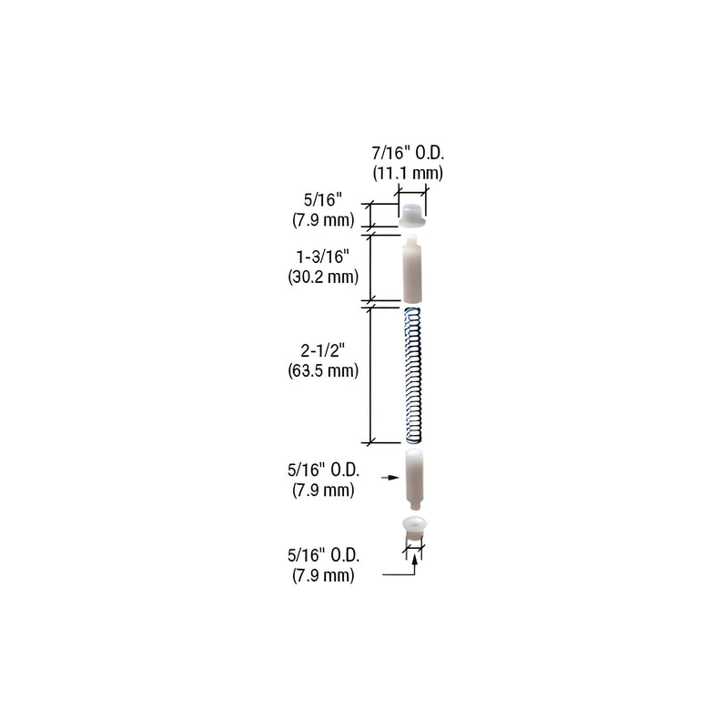 A technical diagram showing the components and dimensions of a nylon storm door hinge pin assembly.