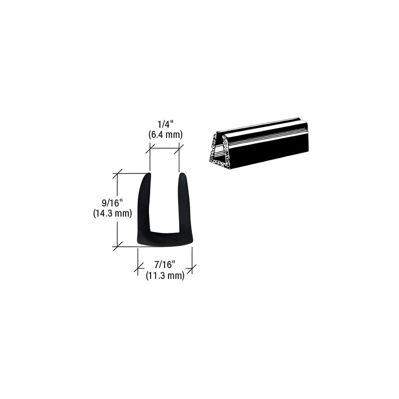 A technical diagram showing the profile dimensions of a black rubber glazing channel for 1/4 inch glass panels.