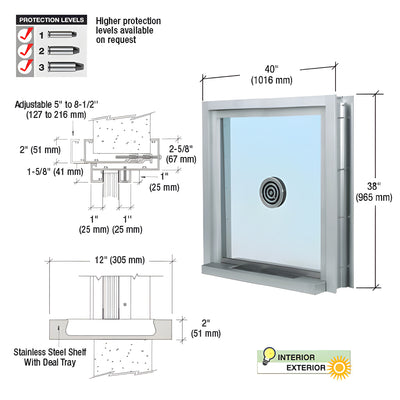 CRL Satin Anodized 40" Wide Bullet Resistant Exterior Window with Surround Sound, Speak-Thru and Shelf with Deal Tray