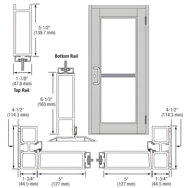 Technical diagram showing the top rail, bottom rail, and frame profile dimensions for a Series 850 Durafront wide stile entrance door.