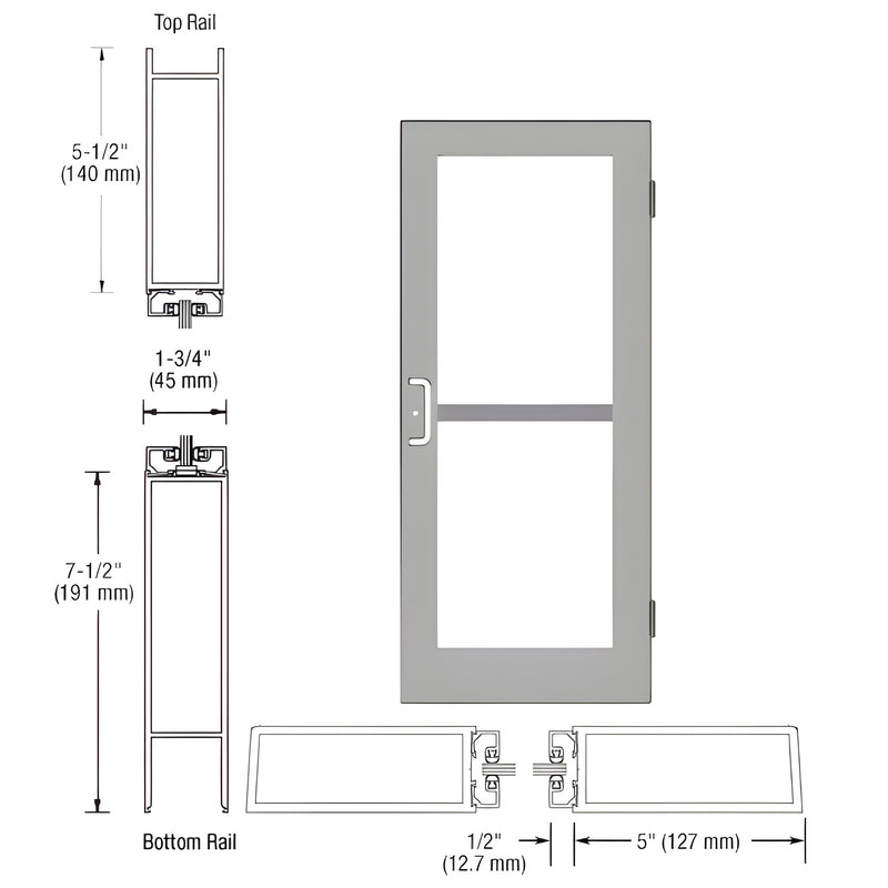 Technical diagram showing the profile dimensions of the Series 550 wide stile entrance door with a clear anodized finish.