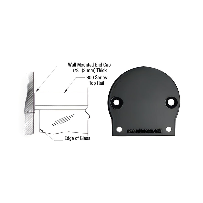 A technical diagram and a front view of the matte black 300 series wall mount end cap showing its mounting holes and rail application.