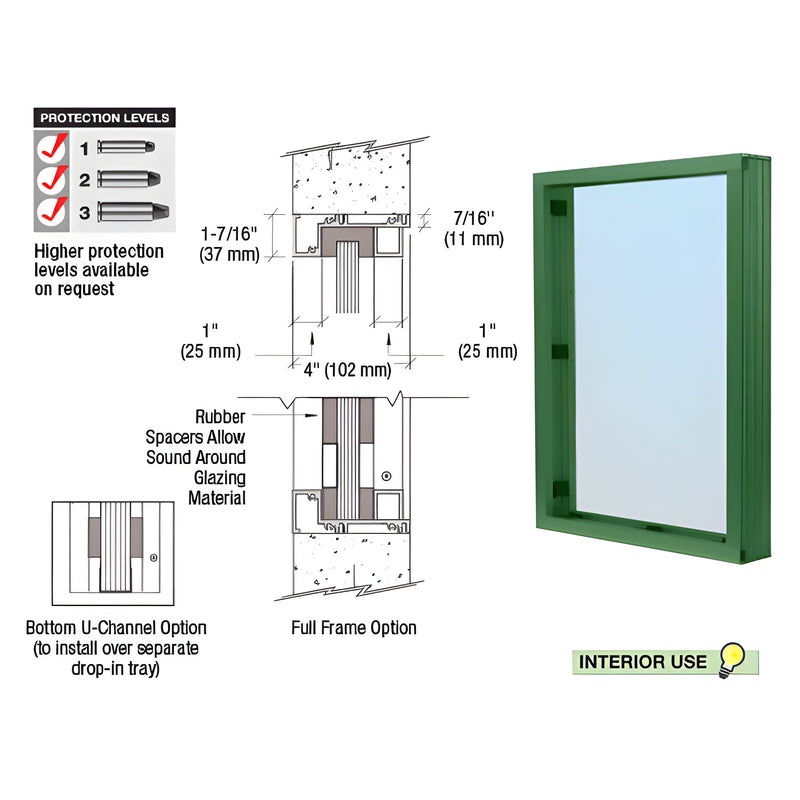 A technical diagram showing the cross-section and frame profile of a CRL KYNAR painted aluminum interior vision window.