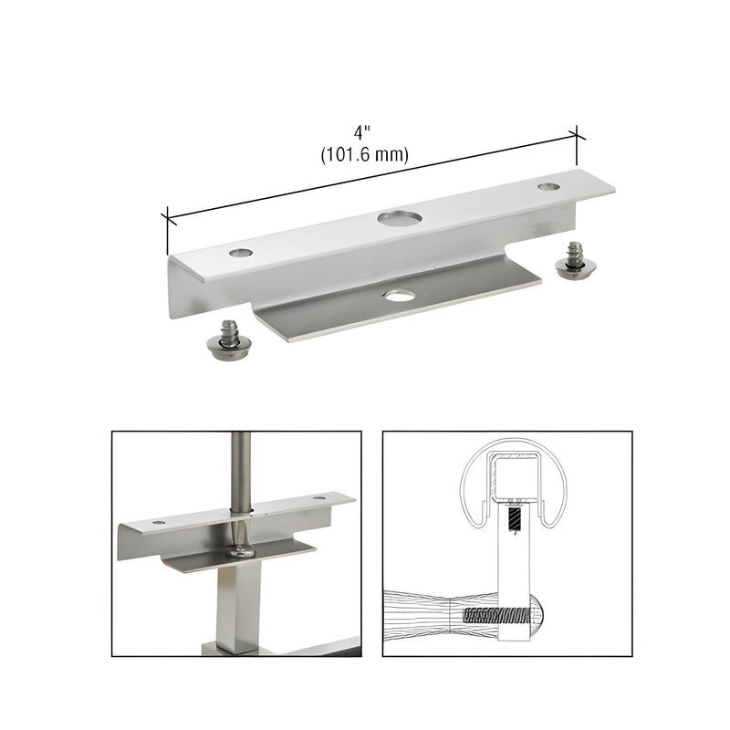A brushed stainless steel hand rail bracket saddle adapter shown with dimension markings and installation diagrams.