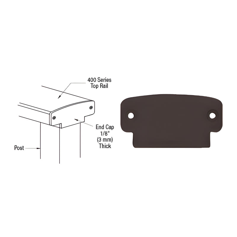 A technical diagram showing the installation of a matte bronze 400 Series decorative end cap onto a top rail.