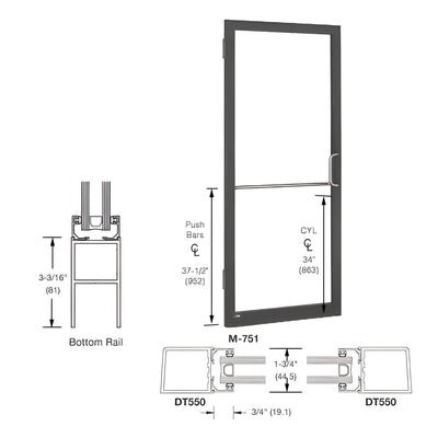 CRL-U.S. Aluminum Bronze Black Anodized 250 Series Narrow Stile (LHR) HLSO Single 3'0 x 7'0 Offset Hung with Butt Hinges for Surf Mount Closer Complete Door Std. MS Lock and Std. Bottom Rail
