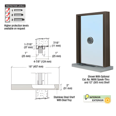 CRL Duranodic Bronze Anodized Aluminum Standard Inset Frame Exterior Glazed Exchange Window with 18" Shelf and Deal Tray