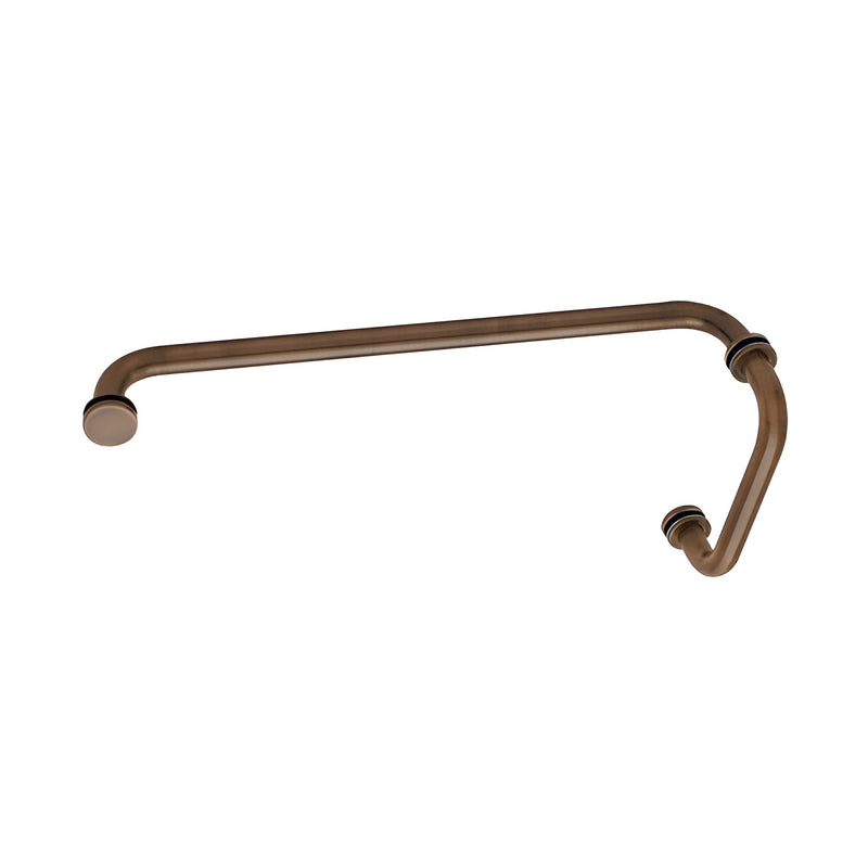 An antique bronze BM series combination pull handle and towel bar with circular mounting washers.