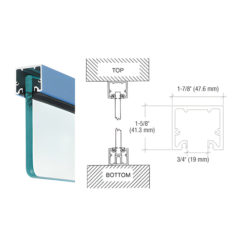 A technical diagram and 3D rendering showing a powder coated wide U-channel profile securing glass with a top load roll-in gasket.