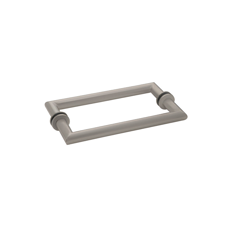 A brushed nickel 18-inch back-to-back towel bar with a tubular squared design for glass shower enclosures.