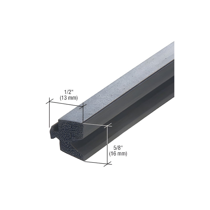 A close-up view of a black sponge EPDM interior gasket showing its 1/2 inch by 5/8 inch profile dimensions.
