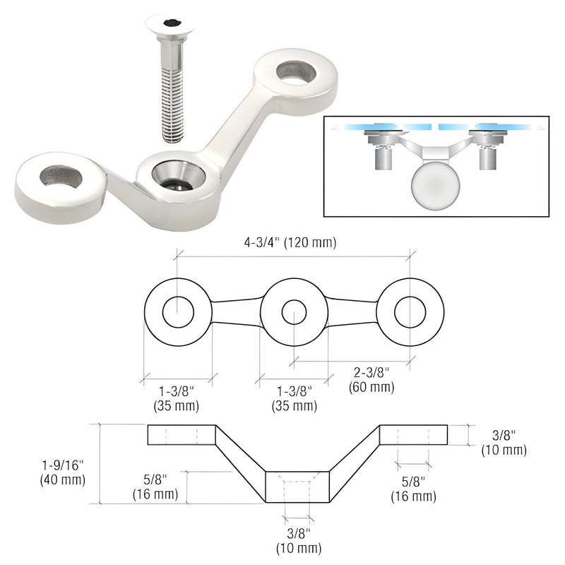 A polished stainless steel double arm spider fitting shown with a mounting bolt and a technical diagram of dimensions.