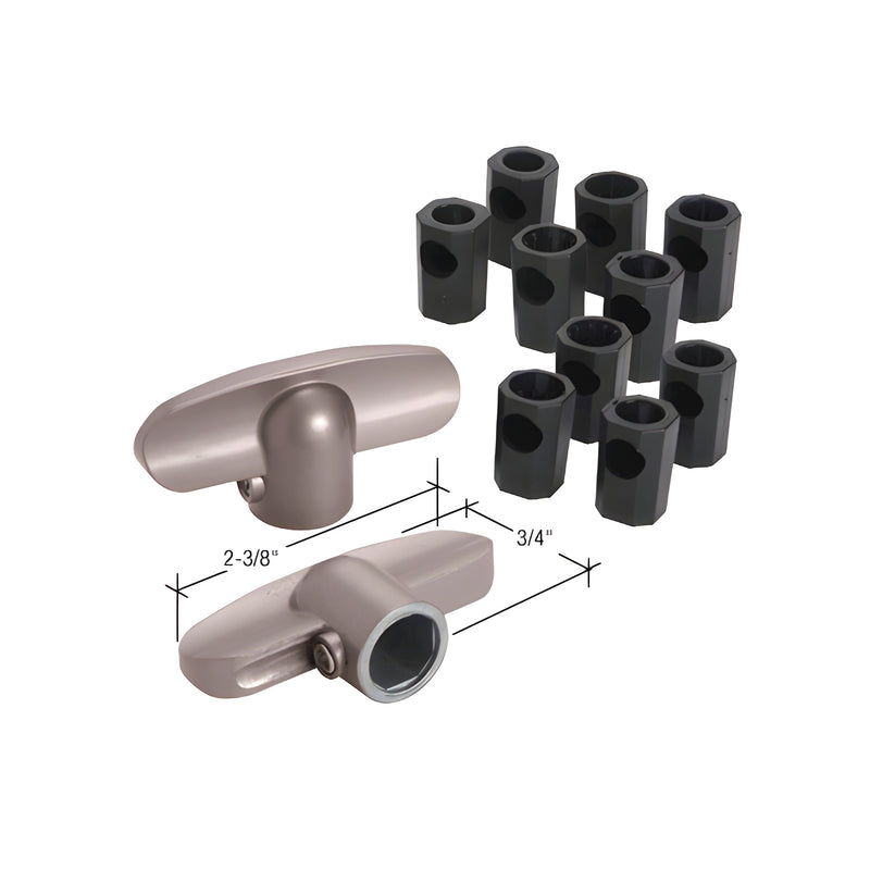 Two bronze T-crank window handles are shown with a set of black spline adapters of various sizes.