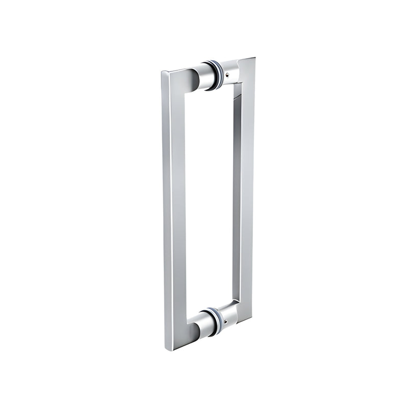 A polished stainless steel tapered back-to-back pull handle designed for glass mounting.