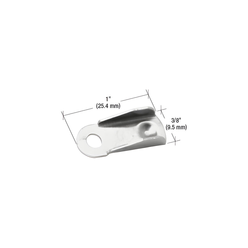 A single stamped aluminum flush screen clip shown with dimension lines indicating a 1-inch length and 3/8-inch width.