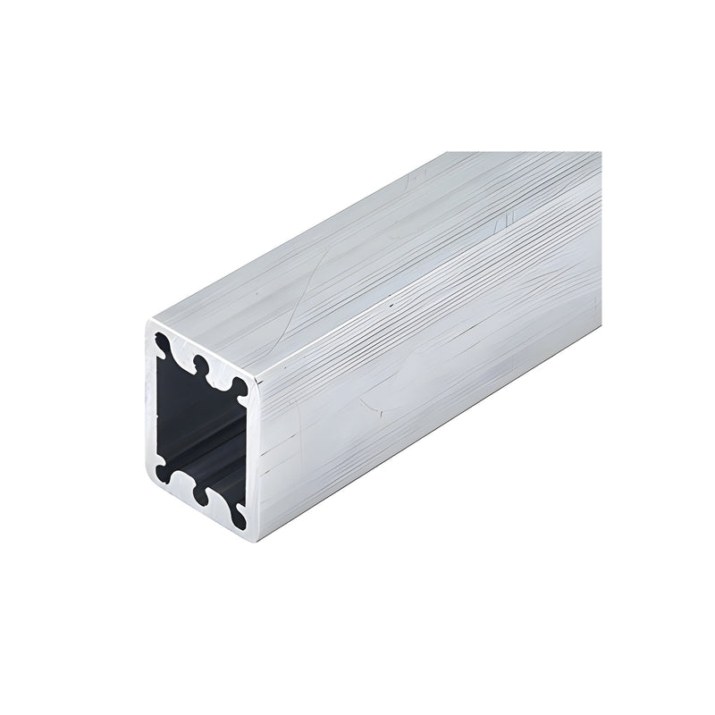 A close-up view of a 24-inch square aluminum stanchion with a hollow core and mill finish.