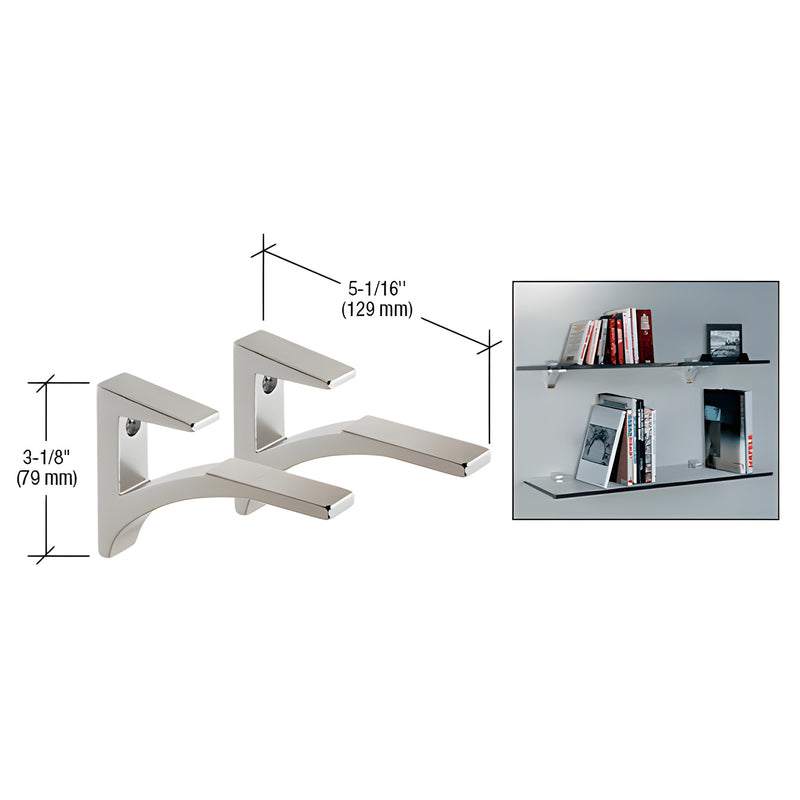 A pair of polished chrome aluminum shelf brackets shown with technical dimensions and an example of installed glass shelves holding books.