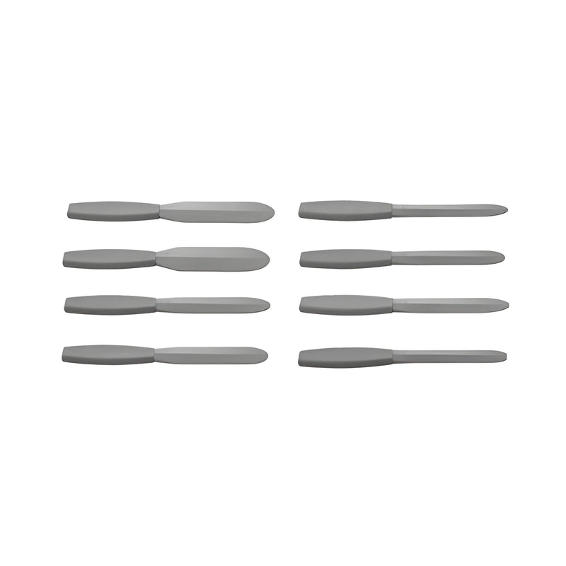 A set of eight plastic caulking applicator tools with varying tip shapes, each measuring 8-3/4 inches in length.