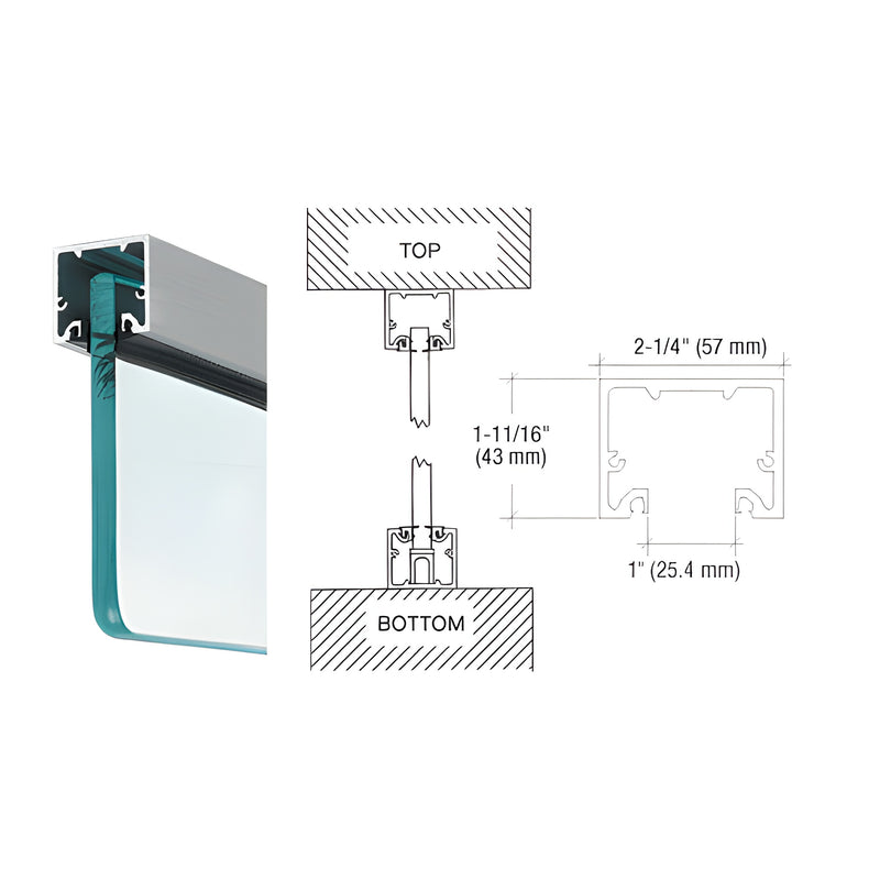 A technical diagram showing the brushed stainless steel U-channel profile installed with glass and roll-in glazing gaskets.