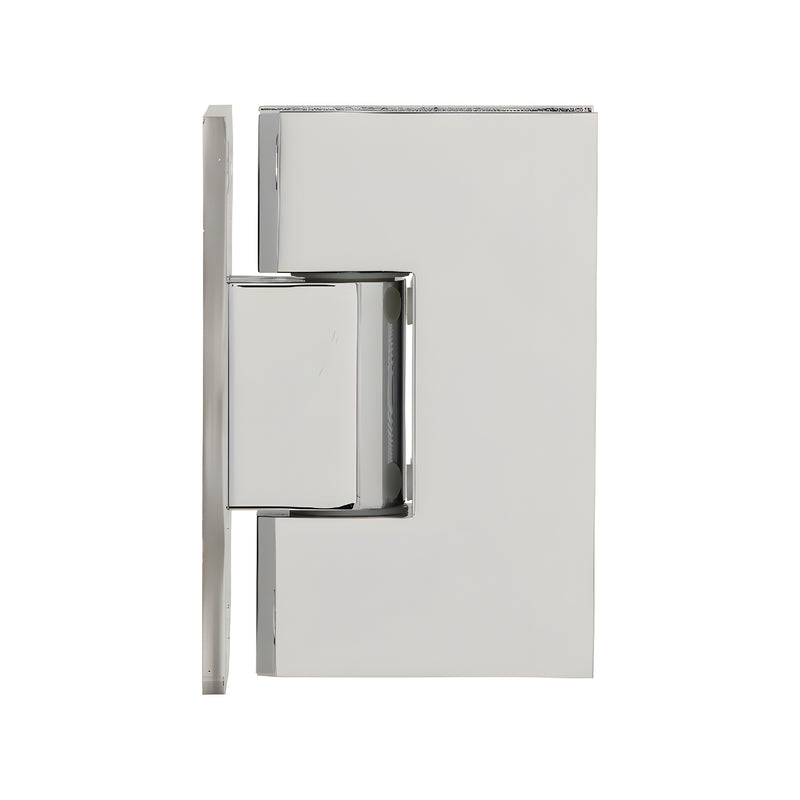 A side profile view of the polished chrome Victoria Series wall mount hinge showing the full back plate.