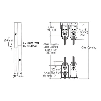 CRL Black Powder Coat XO/OX Format Sliding Door Entrance System - 4" Top and Bottom Tapered Rail