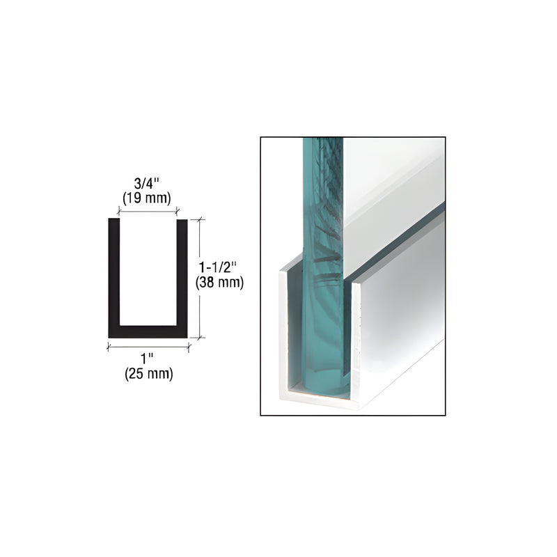 A technical diagram and a close-up view showing a piece of glass installed inside a brite anodized aluminum U-channel.
