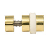 A polished brass glass shelf rest with a threaded post and protective washer.