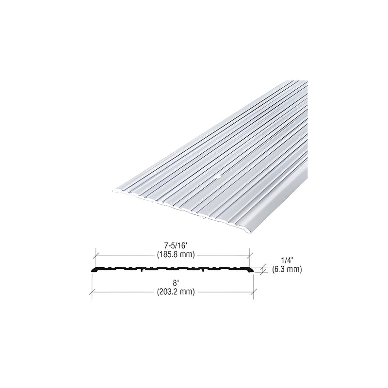 A close-up view of an aluminum saddle threshold featuring a ribbed surface and a technical dimension diagram below it.