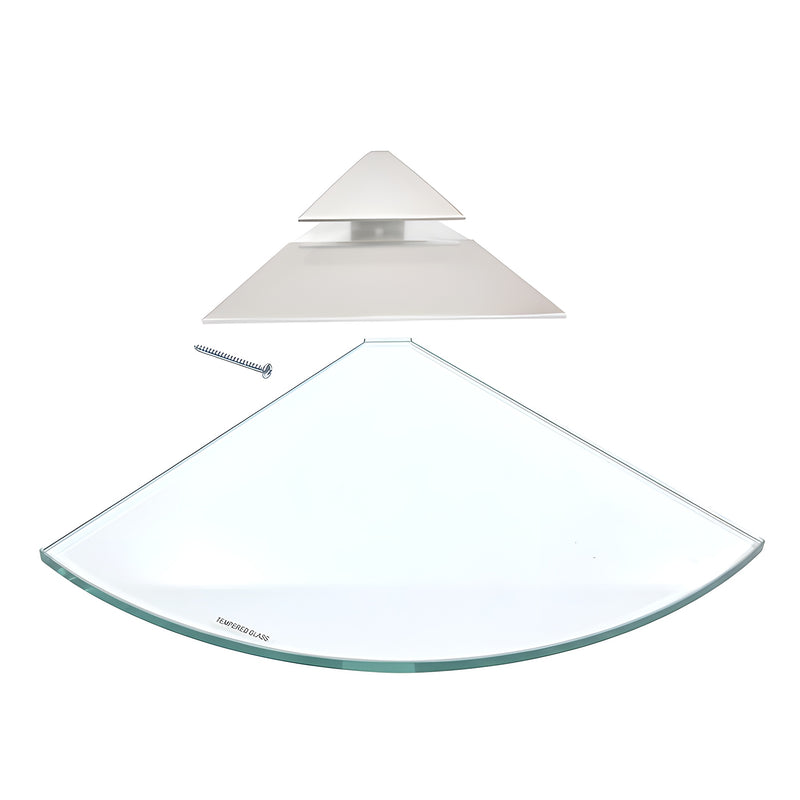 The complete CRL 10 inch by 10 inch corner shelf clip kit including the clear tempered glass shelf, satin chrome clip, and mounting screw.