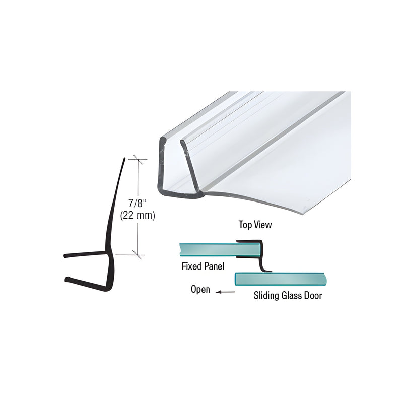 A clear polycarbonate U-channel seal with a 90-degree vinyl fin shown in a product photo and technical diagram.