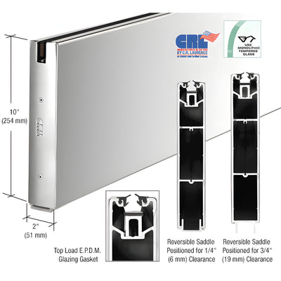 CRL Polished Stainless 10" Custom Length Square Sidelite Rail for 3/8" or 1/2" Glass