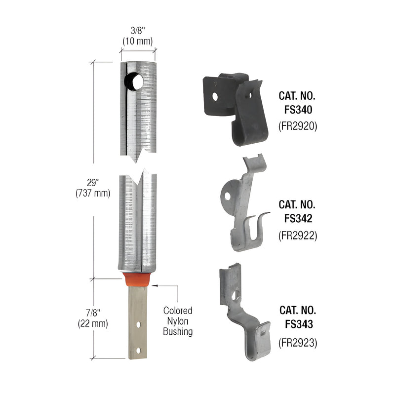 A 29-inch non-tilt spiral balance with a red bushing and an attached FS343 clip shown alongside various clip options.