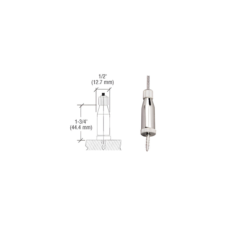 A technical diagram and product photo showing the chrome plated brass floor base fitting for a cable display system.