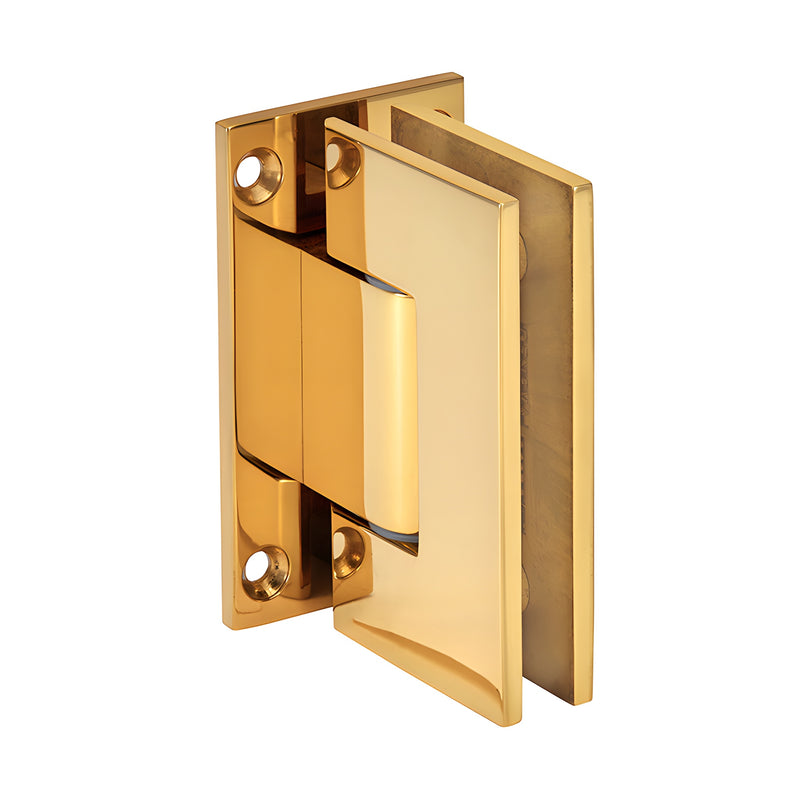 An angled view of the French Gold Vienna series wall mount hinge showing the full back plate and glass clamping mechanism.
