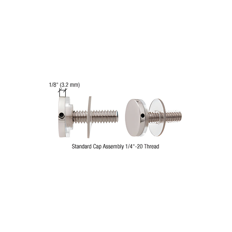 Two views of a polished chrome brass standoff cap assembly with a 3/4 inch diameter and 1/4-20 threaded stud.