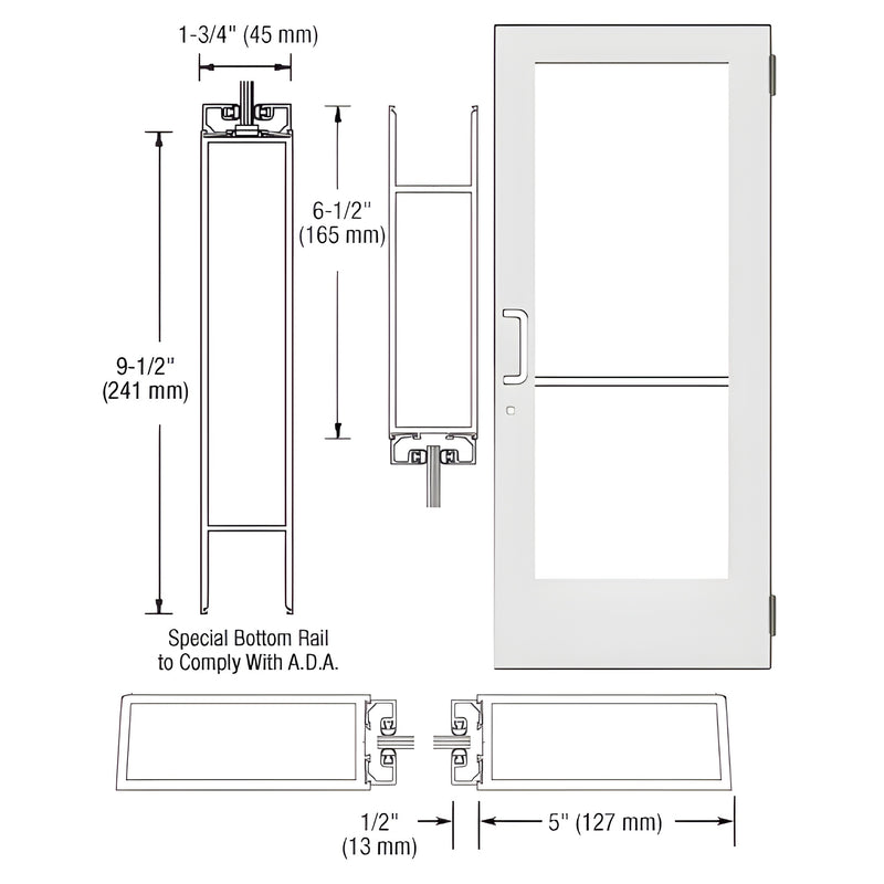 Technical diagram showing the profile and dimensions of a Series 550 wide stile aluminum entrance door with a White Kynar finish.