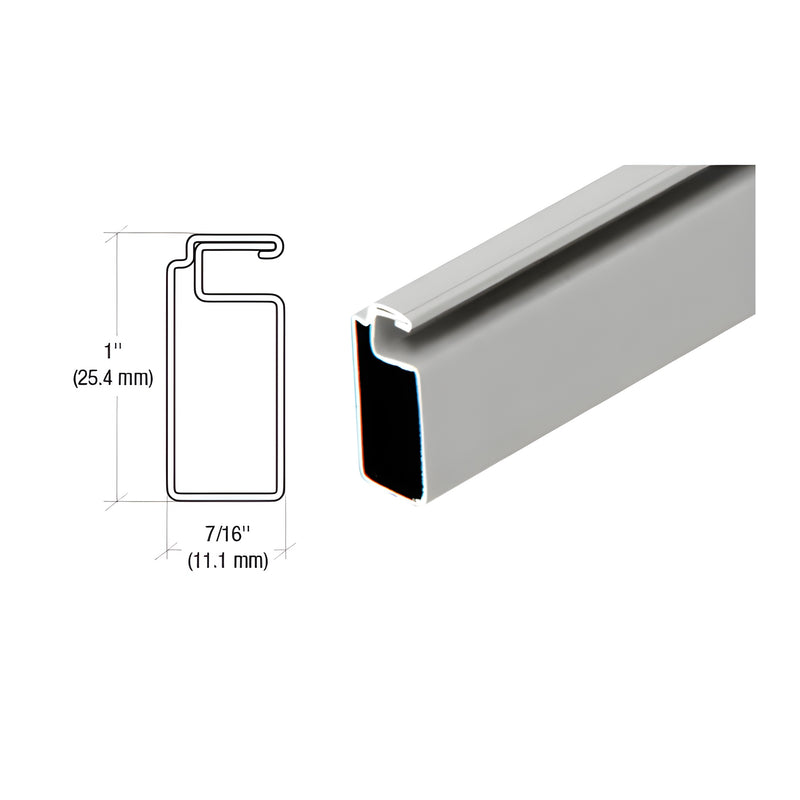 A gray roll formed aluminum screen frame shown with a technical cross-section diagram indicating 1 inch height and 7/16 inch width.