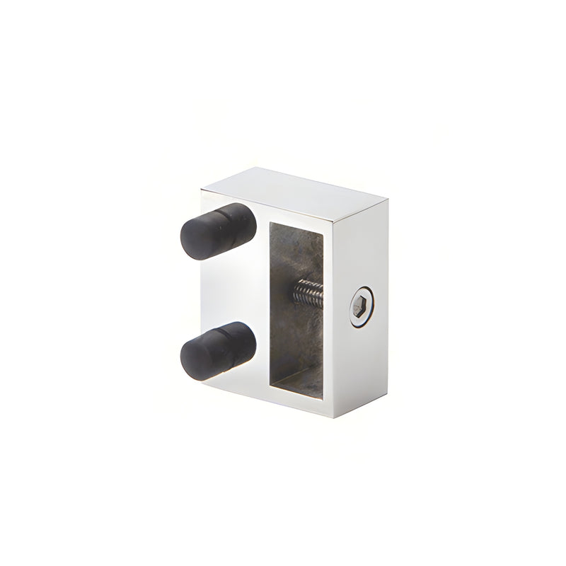 A polished stainless steel stopper component for the Senior Serenity sliding system featuring two black rubber bumpers.