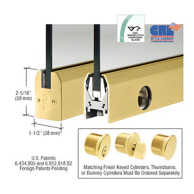 CRL Satin Brass 3/8" Glass Low Profile Tapered Door Rail With Lock - Custom Length