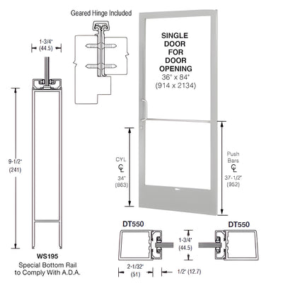 CRL-U.S. Aluminum Clear Anodized 250 Series Narrow Stile (RHR) HRSO Single 3'0 x 7'0 Offset Hung with Geared Hinged Complete ADA Door, Lock Indicator, Cylinder Guard - for 1/4" Glazing