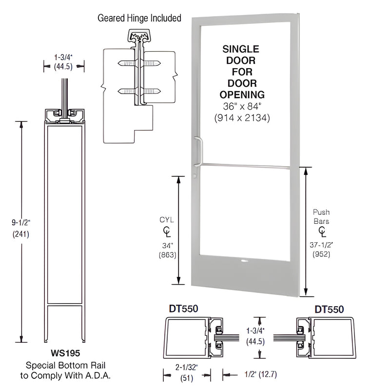 Technical diagram showing the dimensions and components of a 3'x7' clear anodized aluminum narrow stile single door with geared hinges.