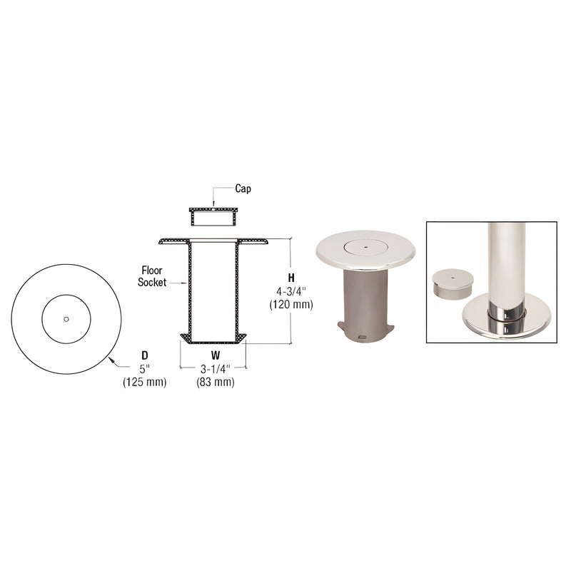 Technical diagram and product photos showing a polished stainless steel floor socket with a matching cap for 2-inch tubing.