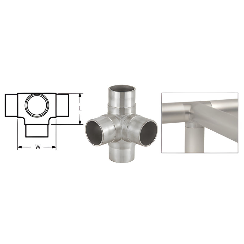 A technical diagram, a standalone brushed stainless steel side outlet tee fitting, and an installed view showing the connector joining 2-inch tubing.