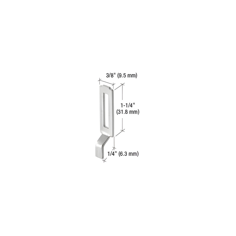 A technical diagram showing a stamped steel sliding screen door latch strike with 3/8 inch width, 1-1/4 inch length, and 1/4 inch grip.