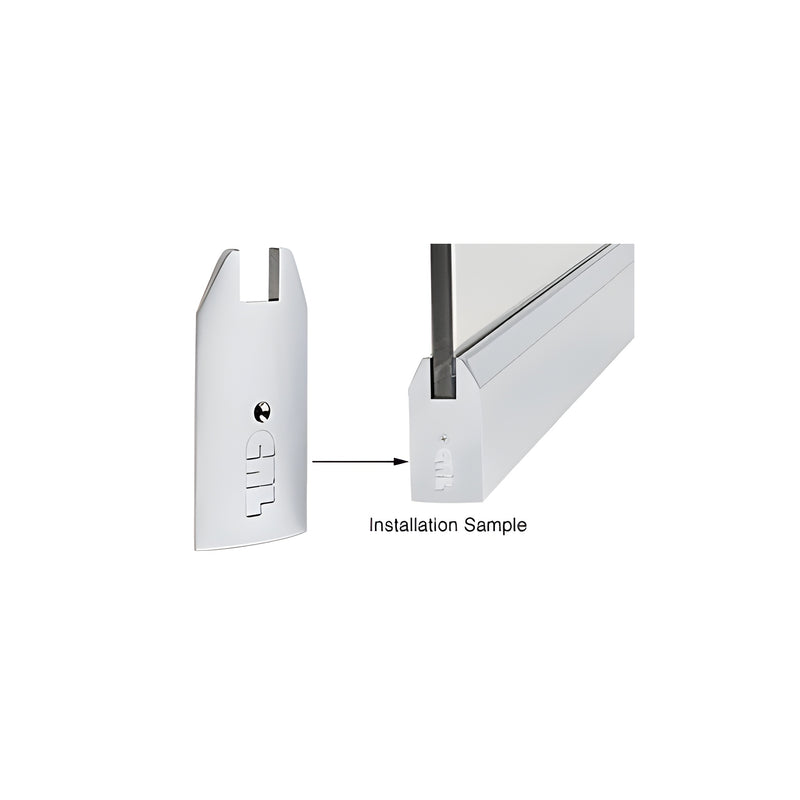 A polished stainless steel tapered end cap shown individually and installed on a Wedge-Lock® sidelite rail holding 3/4 inch glass.