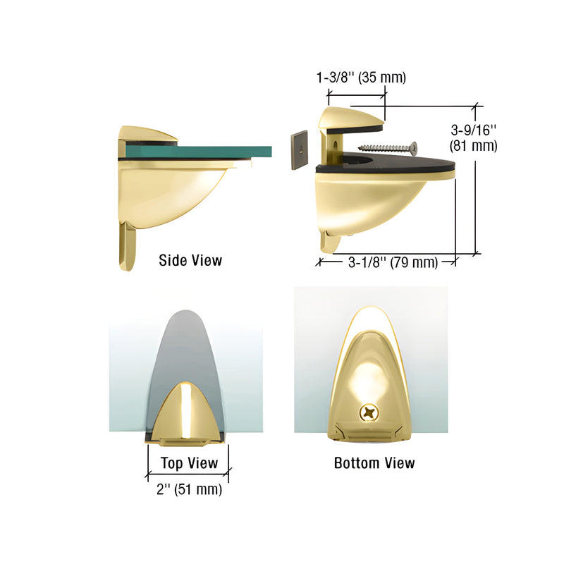 Technical diagram showing side, top, and bottom views of a polished brass adjustable shelf bracket with dimensions.